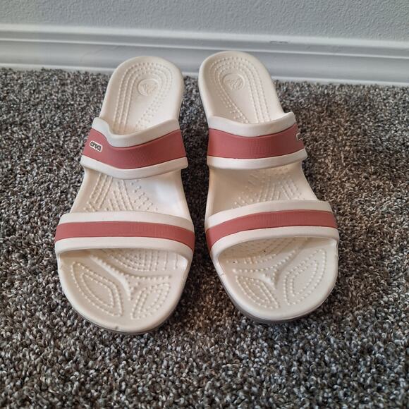 Crocs Shima women's 7 pink white strap wedge heel sandal slides - Picture 2 of 6